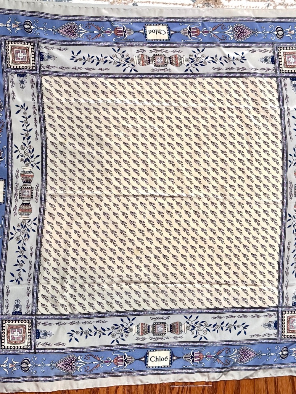 Vintage Chloรฉ Silk Twill Square Scarf Classical Urn & Floral Border Periwinkle